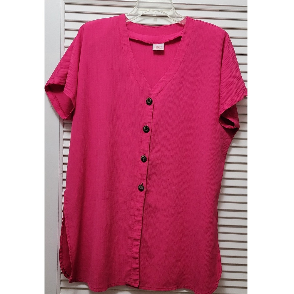 Tunic Hot Pink Crinkle Top V-Neck Button side slits lightweight and stylish 1X